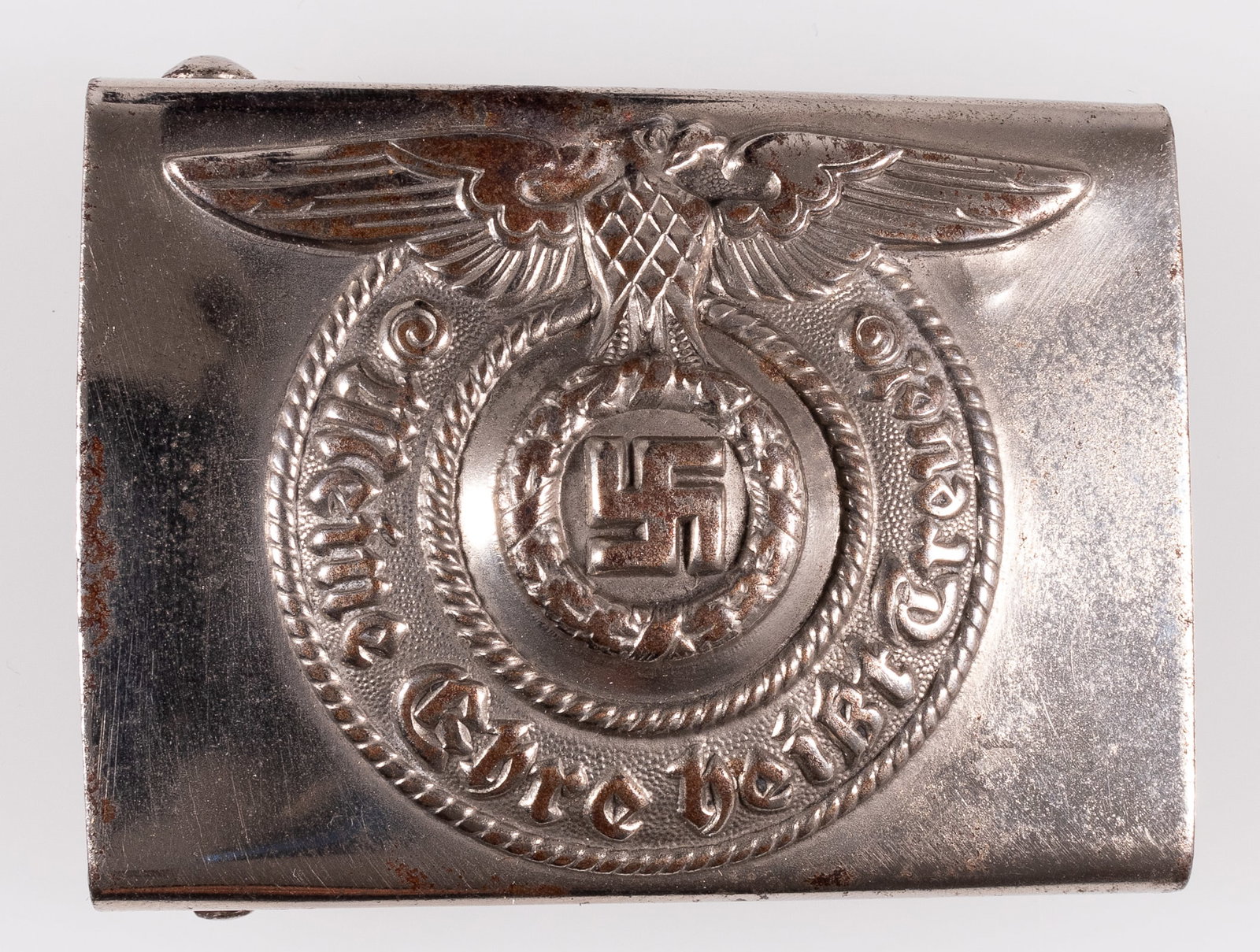 WAFFEN-SS ASSMANN BELT BUCKLE RZM 155/43: Waffen-SS steel belt buckle, marked underneath the prongs 'RZM 155/43 SS,' for maker F. W. Assmann and Sohne, Ludenscheid. The front features the SS eagle clutching a wreath with a swastika in the cen