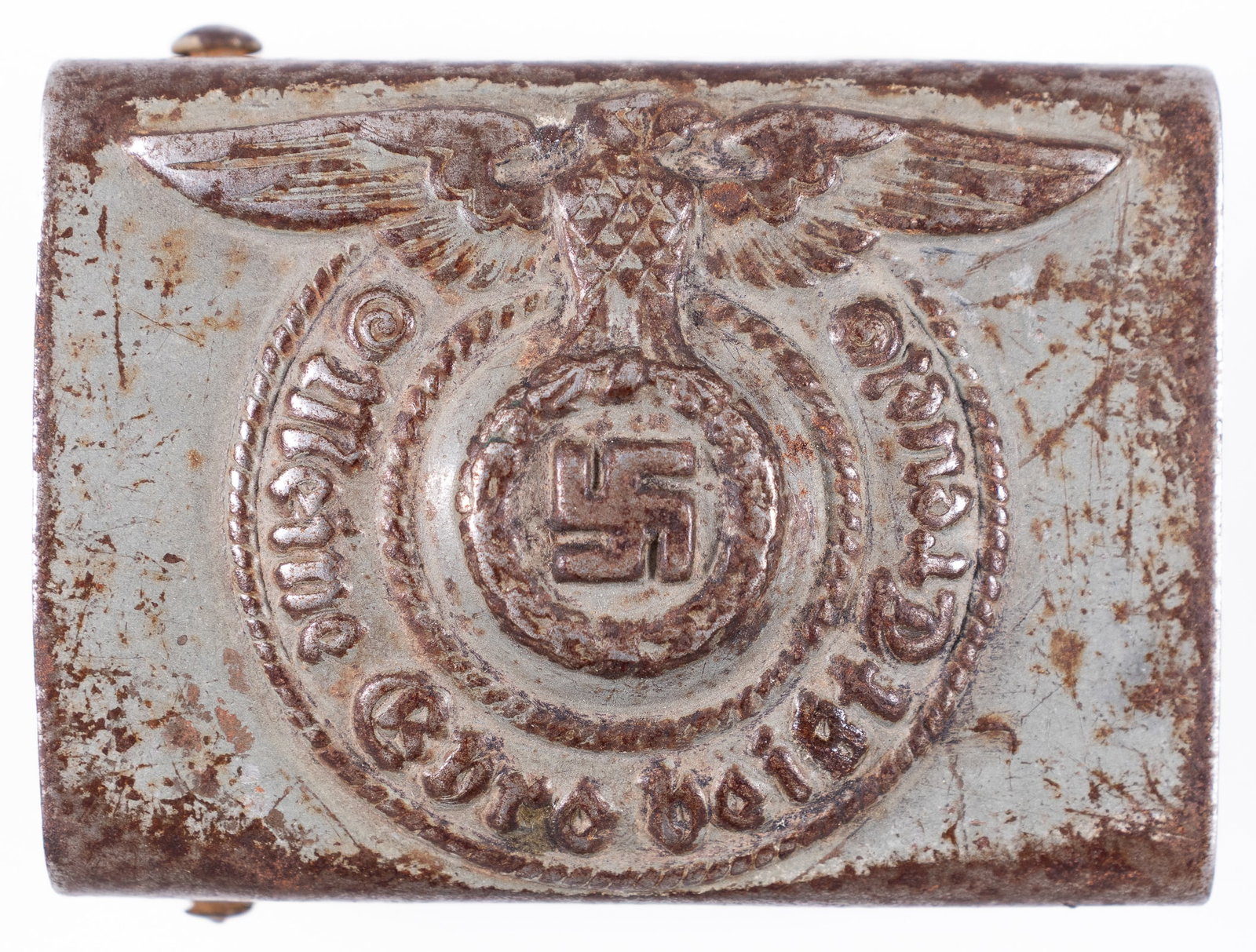 WAFFEN-SS ASSMANN BELT BUCKLE RZM 155/43: Waffen-SS steel belt buckle, marked underneath the prongs 'RZM 155/43 SS,' for maker F. W. Assmann and Sohne, Ludenscheid. The front features the SS eagle clutching a wreath with a swastika in the cen