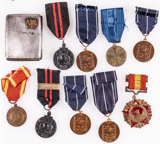 8 WWII FINNISH MEDALS AND CIGARETTE CASE