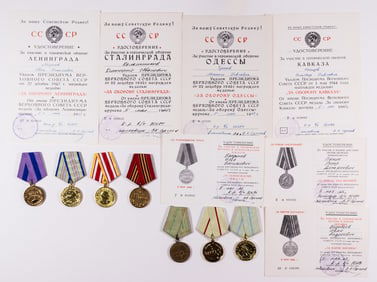 SOVIET WWII MEDALS CERTIFICATE 7 [STALINGRAD, BERLIN, MOSCOW]