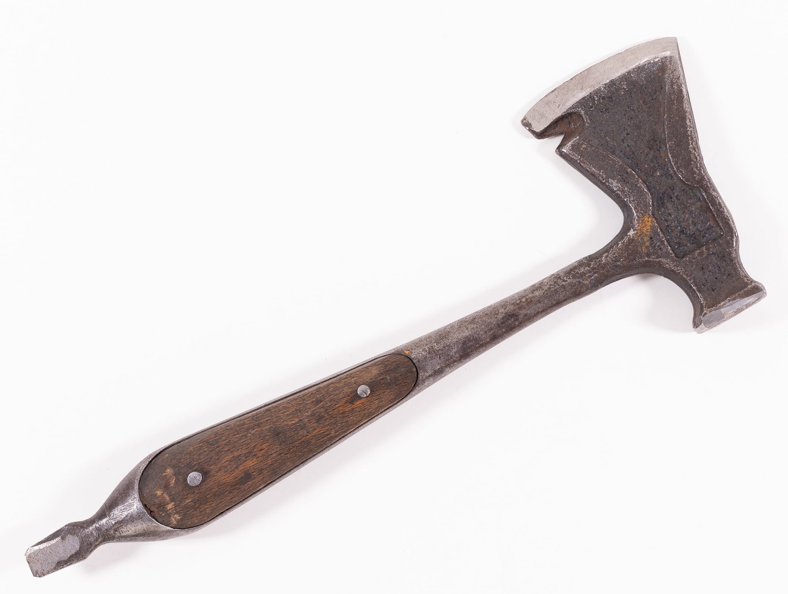 GERMAN HITLER YOUTH MULTI-TOOL AXE: German Hitler Youth multi-tool axe, with an axe and hammer head on the top and a chisel at the end of the handle. Marked on one side of the head 'Germany,' and on the other side 'D.G.M. Nr. 5664-87.' 