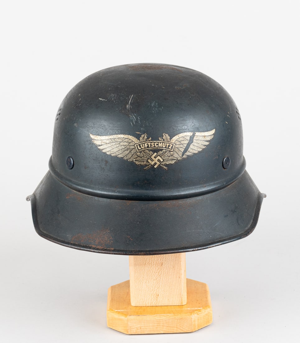 WWII GERMAN LUFTSCHUTZ DEFENSE HELMET: WWII German Luftschutz civil defense gladiator 3 piece helmet, with Luftschutz insignia on the front of the helmet, Luftschutz decal misaligned to the right which is typical for the late war gladiator