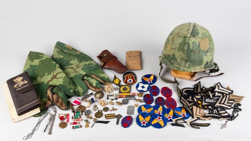 VIETNAM M1 HELMET W/ 50+ MEDALS, BADGES, AND INSIGNIA