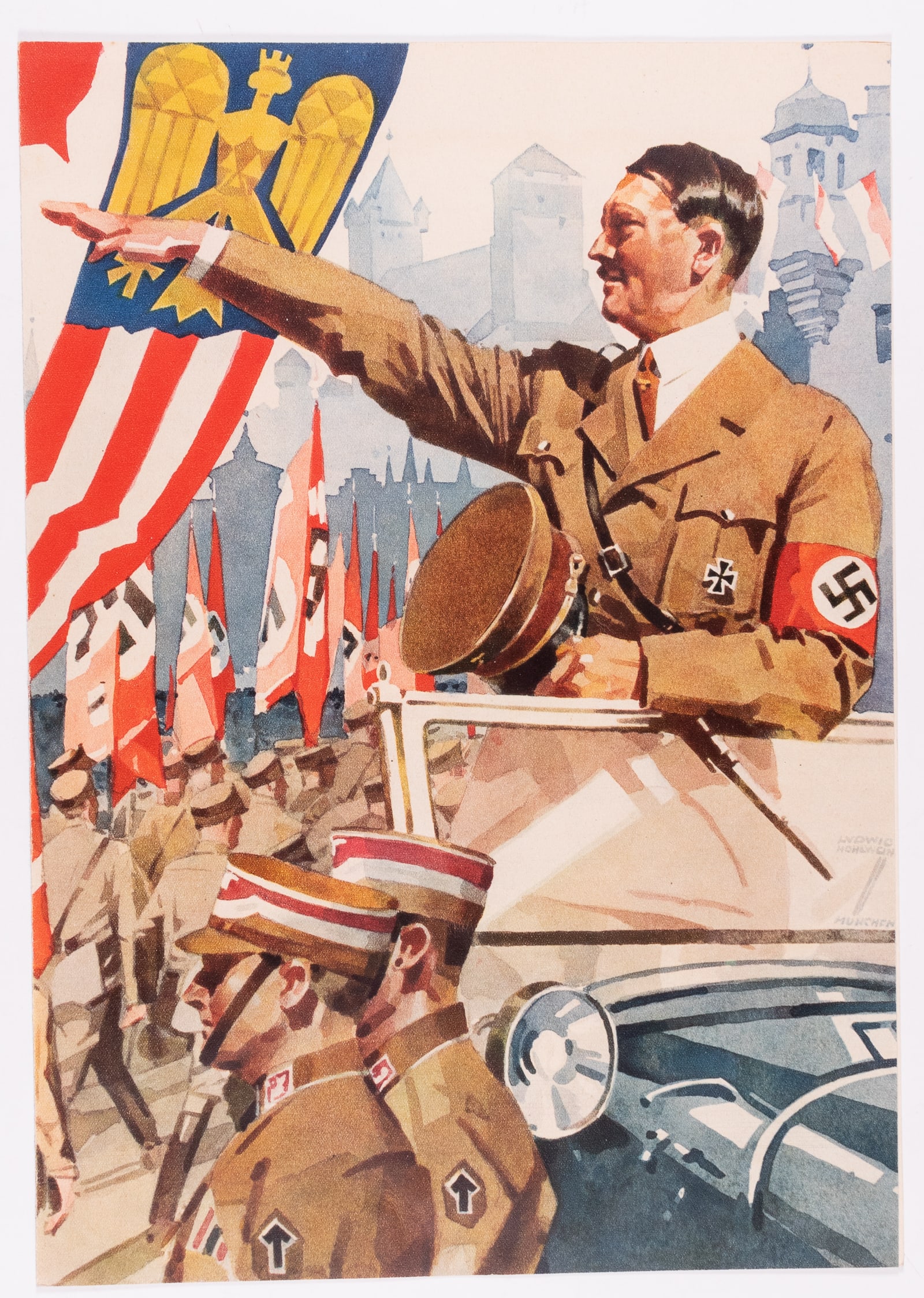 ADOLF HITLER TELEGRAM: WWII German telegram folder with a large color painting of Adolf Hitler on the cover, Hitler standing in his car saluting a rally of marching SA troopers in Nuremberg. The back cover shows the image o