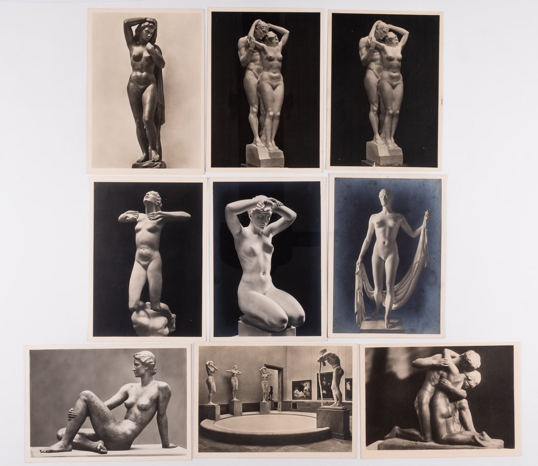9 THIRD REICH SCULPTURES POSTCARDS BY ARNO BREKER, JOSEF THORAK: Nine Third Reich postcards of sculptures by Arno Breker, Josef Thorak, and others, exhibited at the Haus der Deutschen Kunst [Museum of German Art, Munich]. Approx. 4.25 x 6 inches, one duplicate.