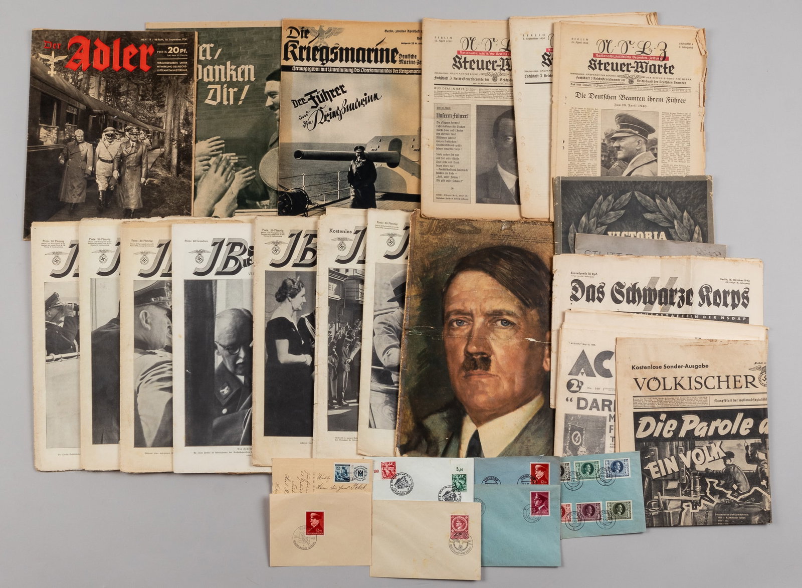 WWII GERMAN PROPAGANDA MAGAZINES, NEWSPAPERS, AND EPHEMERA (28): Lot of twenty-eight German propaganda magazines, newspapers, and ephemera. Including 8 issues of Illustrierte Beobachter from 1937, 1938, 1939, or 1941, an issue of Die Kriegsmarine from 1941, an issu