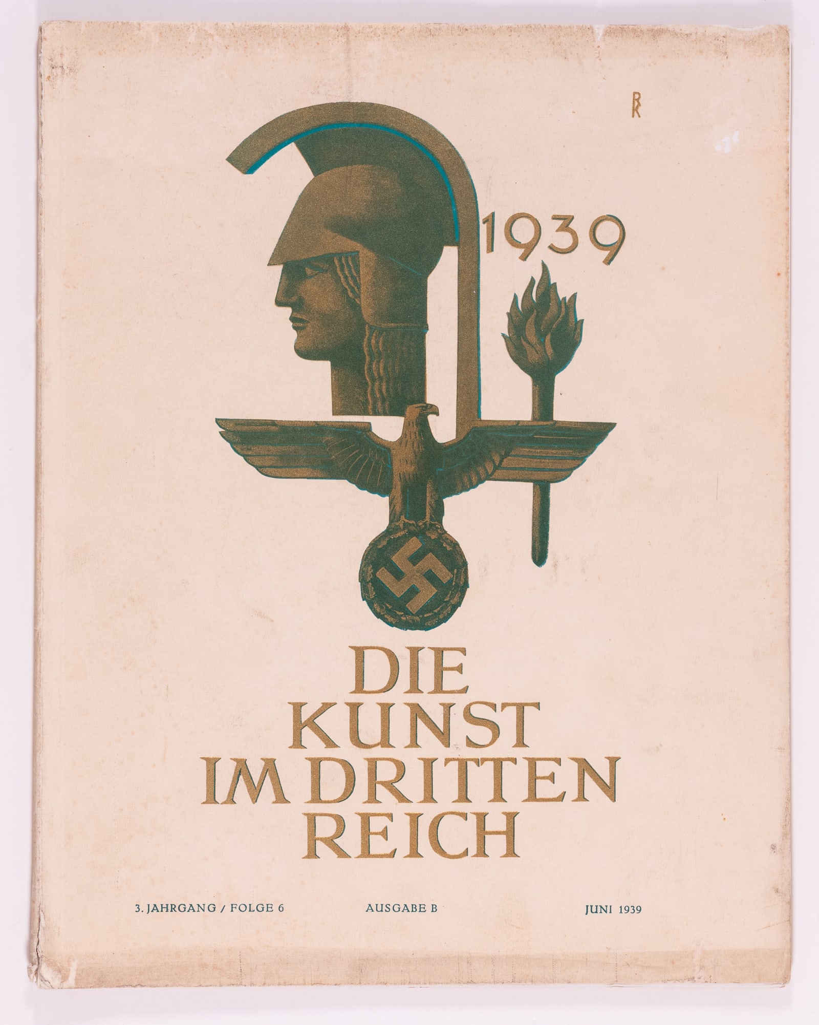 7x DIE KUNST IM DRITTEN REICH: Seven issues of 'Die Kunst im Dritten Reich,' one issue from 1939, one issue from 1943, and five issues from 1944. 11.25 x 14.25 inches. Foxing and toning of the covers, wear from age.