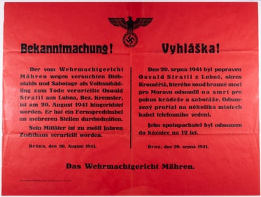 1941 GERMAN EXECUTION ANNOUNCEMENT WEHRMACHT COURT OF MORAVIA