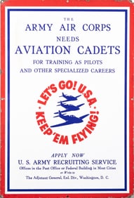WWII ARMY AIR CORP AVIATION CADETS RECRUITING ENAMEL SIGN