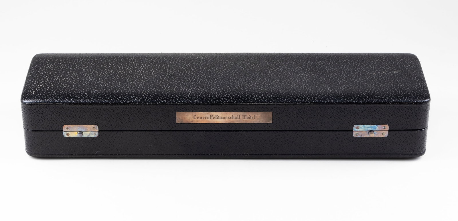 WALTER MODEL FIELD MARSHAL BATON CASE: Walter Model Field Marshal baton case, display piece. Black leather case with a brass plate attached on the outside engraved 'Generalfeldmarschall Model,' case is lined in cloth and silk, the inside i