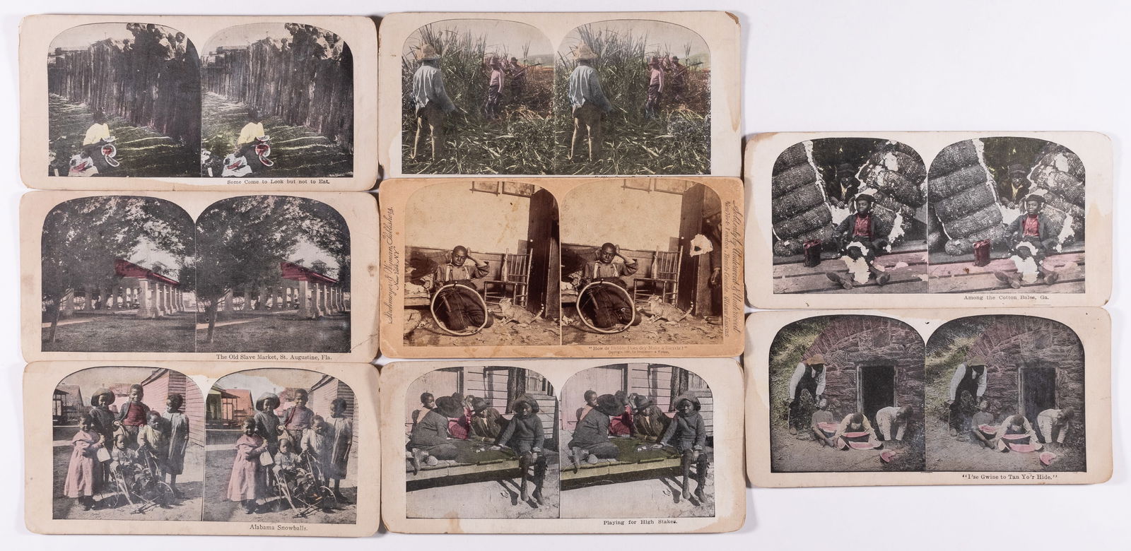 8 BLACK AMERICANA STEREO CARDS: Lot of eight black Americana stereo cards. Cutting Sugar Cane, Louisiana; Playing for High Stakes; The Old Slave Market, St. Augustine, Florida; Alabam Snowballs; Among the Cotton Bales, Georgia; How