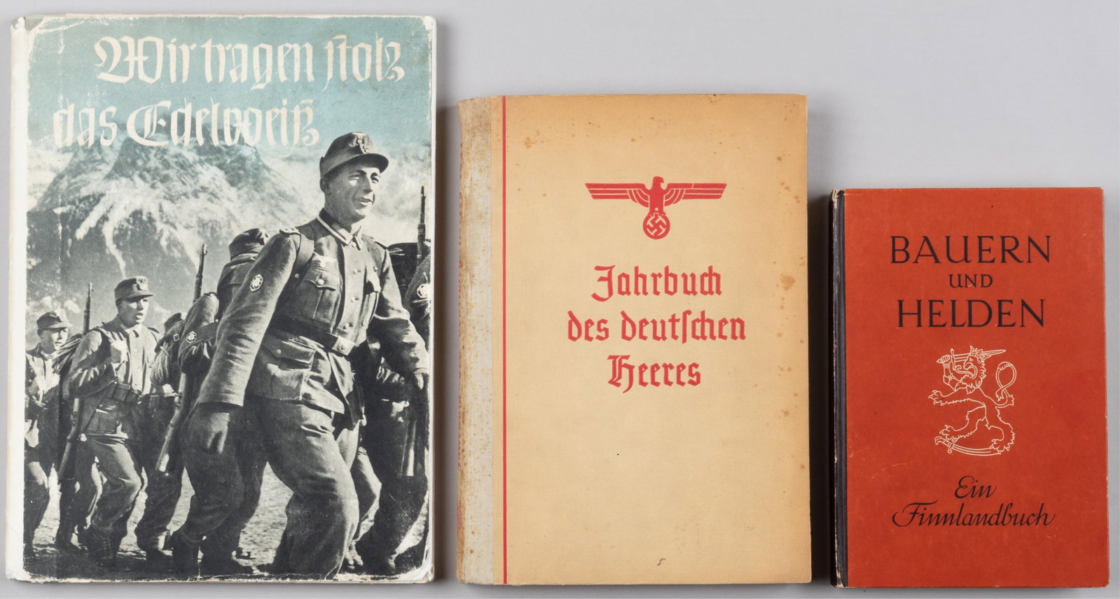 3 WWII GERMAN THIRD REICH MILITARY BOOKS: Three Third Reich German military books, including 'We Proudly Wear the Edelweiss: A sequence of images from the service of our mountain troops' by Max Seidel, Chr. Belser Verlgasbuchhandlung. Stuttga