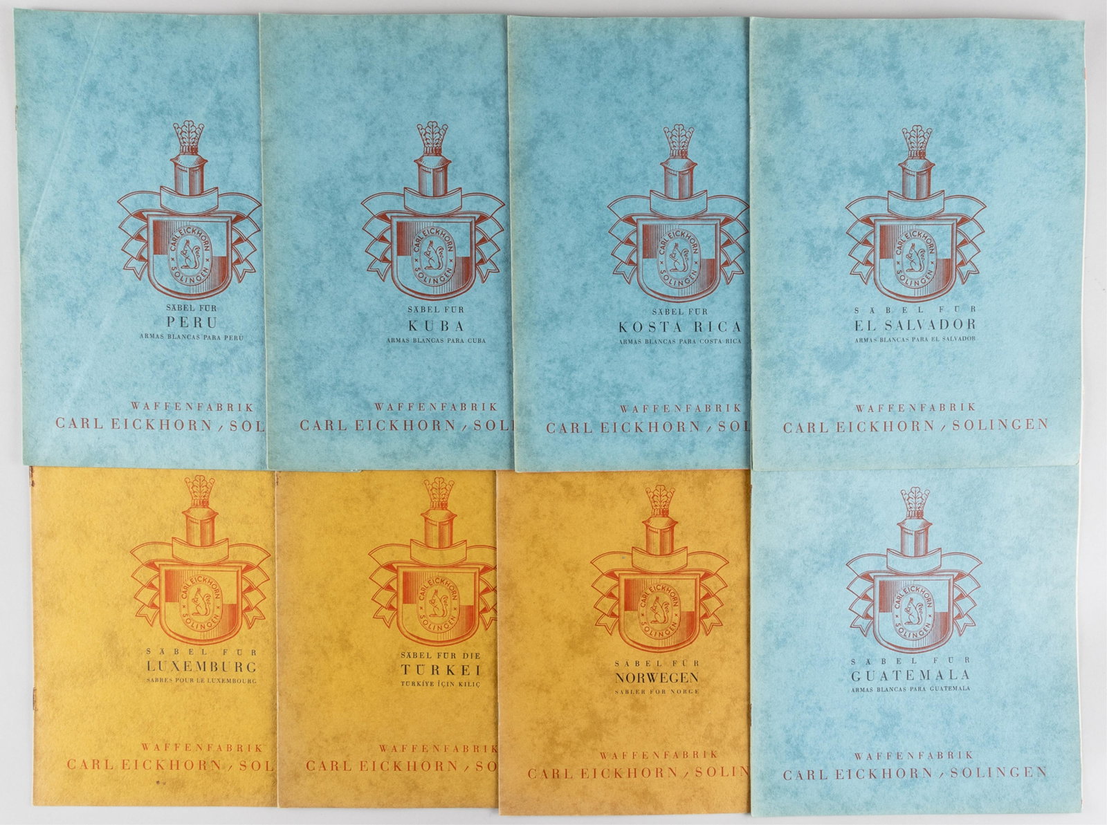 8 CARL EICKHORN CATALOGS [EUROPE, CARIBBEAN, SOUTH AMERICA]: Eight Carl Eickhorn Waffenfabrik Solingen, three from European countries, three from South America and two from the Caribbean. Including Costa Rica, Cuba, Peru, El Salvador, Guatemala, Norway, Turkey,