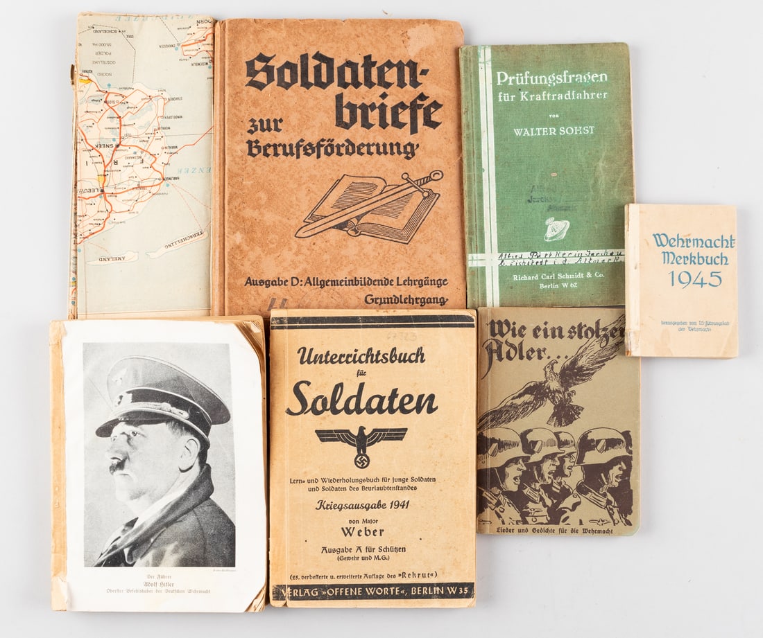 7 WWII GERMAN ARMED SERVICES MANUALS AND BOOKS: Seven WWII German armed services manuals, including 'Unterrichtsbuch fur Soldaten Kriegsausgabe 1941,' by Major Weber, 'Der Dienstunterricht in Der Luftwaffe 1943,' by Generalmajor Ehrenfried Tschoelt