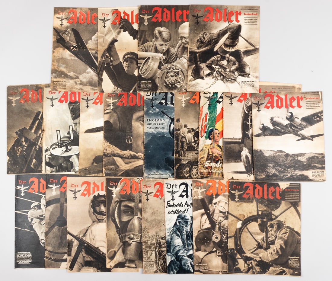 21 WWII GERMAN DER ADLER MAGAZINES: Twenty-one WWII German 'Der Adler' magazines, each published between 1939 until 1943, including many b/w pictures of planes, aerial views, and Luftwaffe pilots and soldiers. Most articles included per