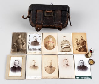 2 WWI GERMAN SOLDIER PHOTO PENDANTS AND LEATHER AMMO POUCH