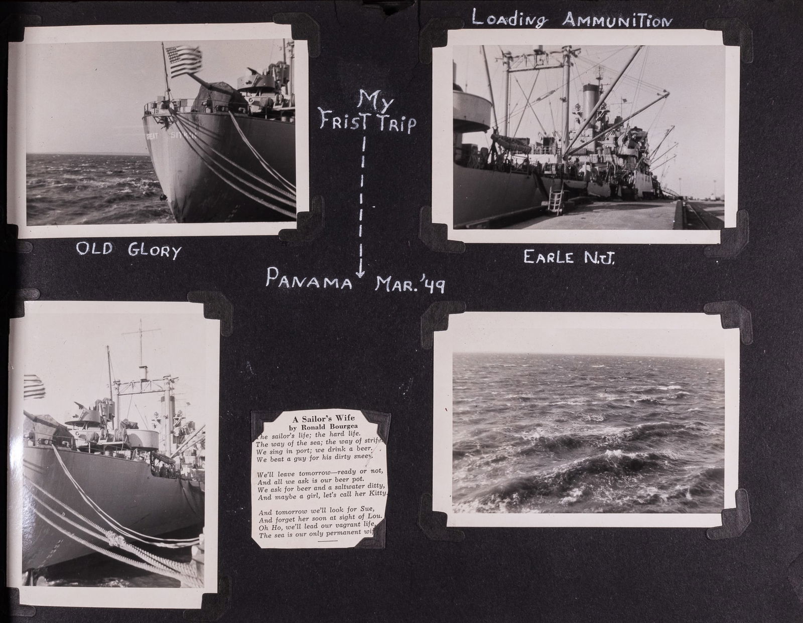 PANAMA US NAVY SAILOR'S PHOTO ALBUM: US Navy sailor's photo album from his time stationed in Panama includes 95 b/w pictures of the ship, Panama, soldier's friends and family, and a collection of ephemera that the soldier collected while