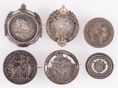 6 AUSTRIAN COMMEMORATIVE SILVER COIN BROACHES