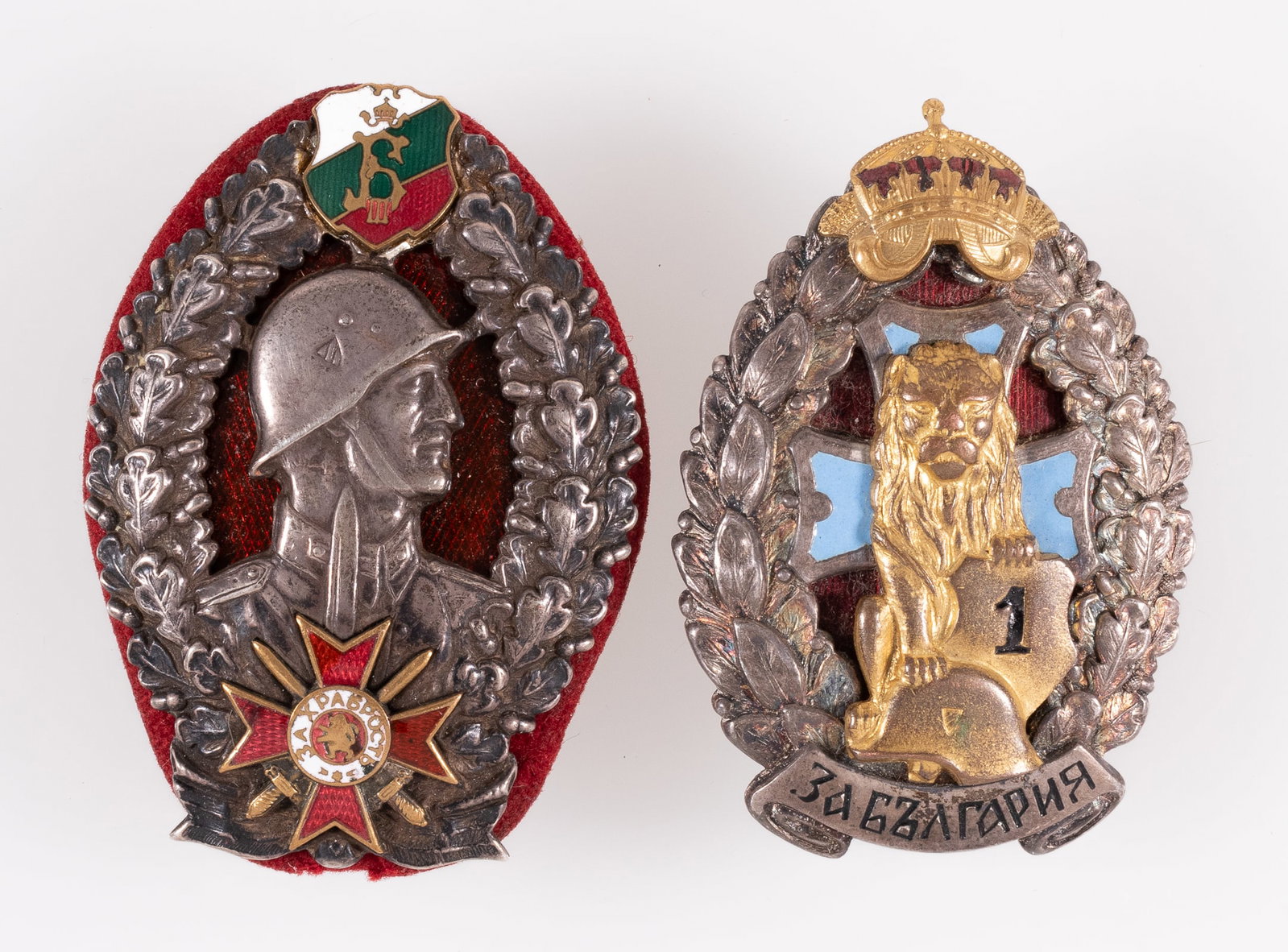 BULGARIAN BADGE OF HONOR AND WOUND BADGE: Two Bulgarian military badges, including the Badge of Honor of the Infantry, Cyrillic stamps on the back plate and screw, and the Wound Badge for one wound, Cyrillic stamp on the back plate, both with