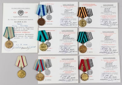 8 WWII SOVIET MEDALS W/ AWARD DOCUMENTS