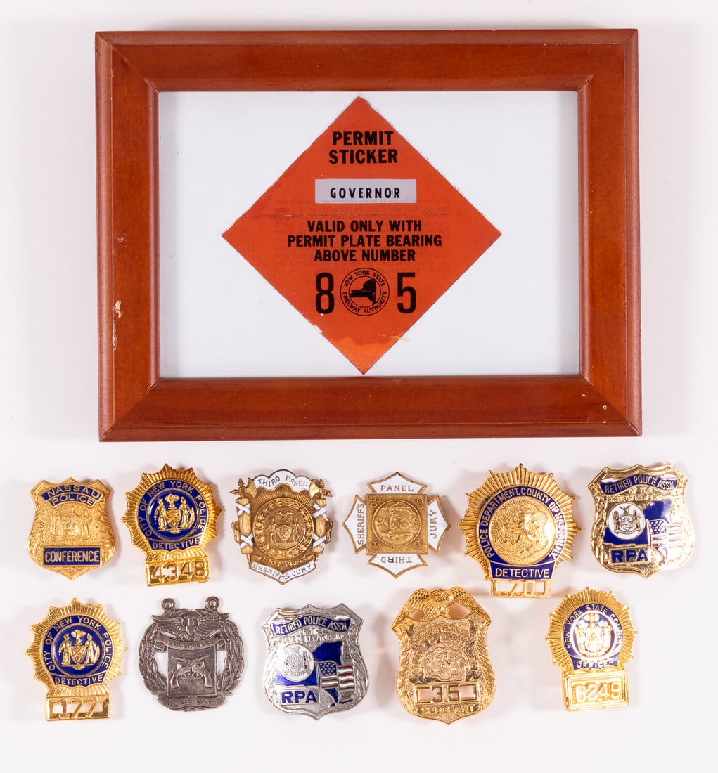 11 OBSOLETE US POLICE BADGES: Eleven obsolete US police badges, including two New York City Detective badges, New York Courts officer badge, County of Nassau Detective badge, County of Nassau Sergant badge, Nassau Police Conferenc