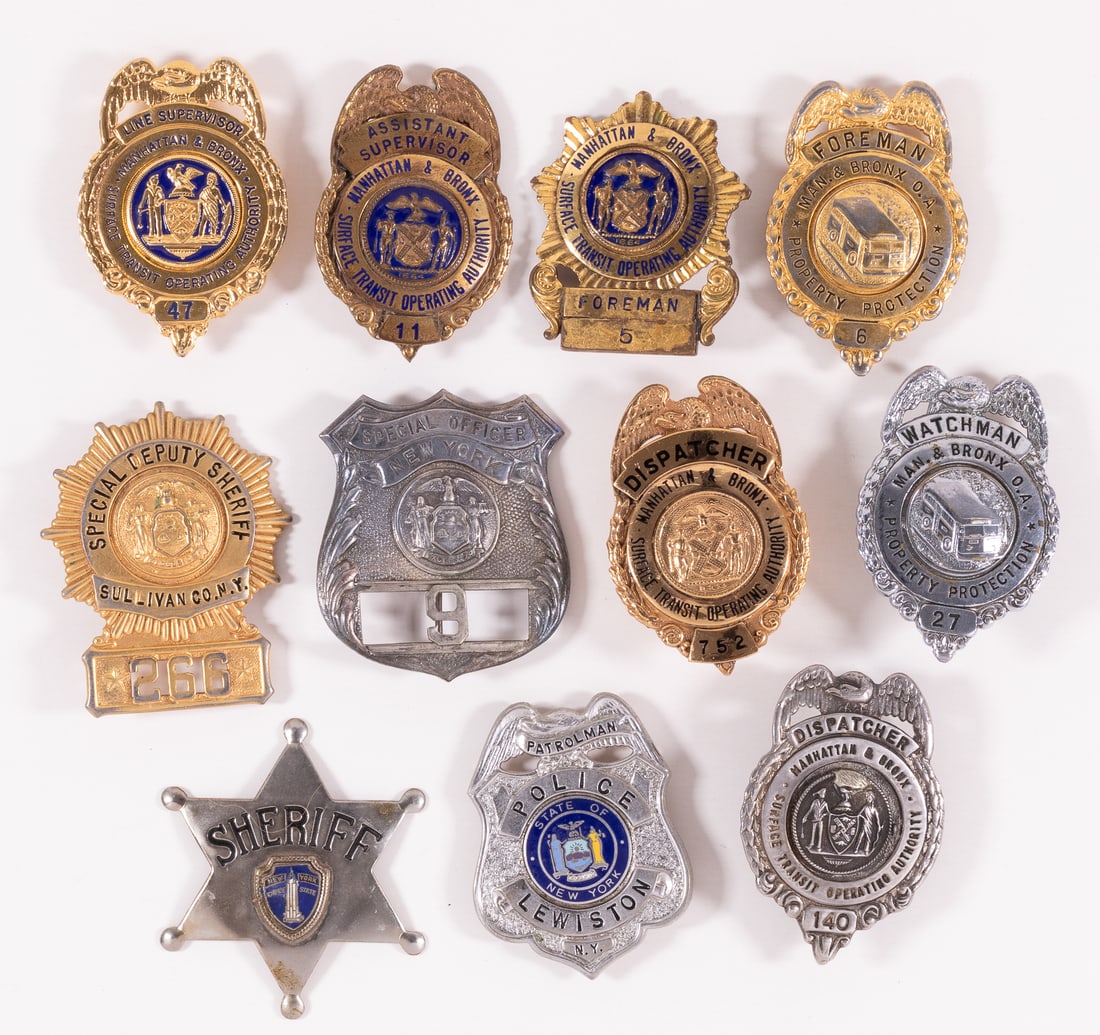 10 OBSOLETE NEW YORK CITY SERVICES BADGES: Ten obsolete New York City services badges, including a Lewiston Patrolman badge, a New York Special Officer badge, a Sullivan Co. Special Deputy Sheriff badge, Line Supervisor, Assistant Supervisor, 