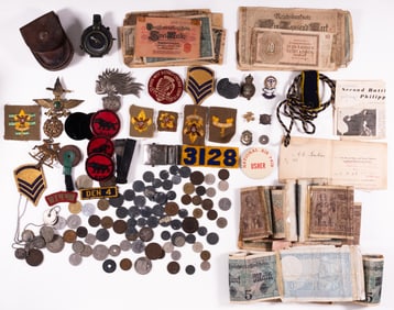 WWII BRITISH PATCHES, AUSTRALIAN COMPASS, OCCUPATION MONEY