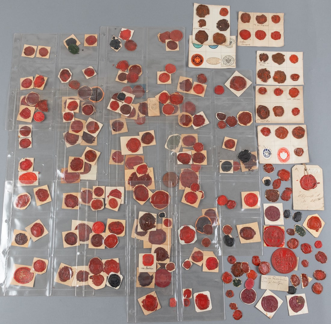 234 ANTIQUE GERMAN WAX SEALS [19TH CENTURY]: 230+ antique German wax seals, mostly 19th century, attached to paper remnants, mixed content. See photos for conditions.