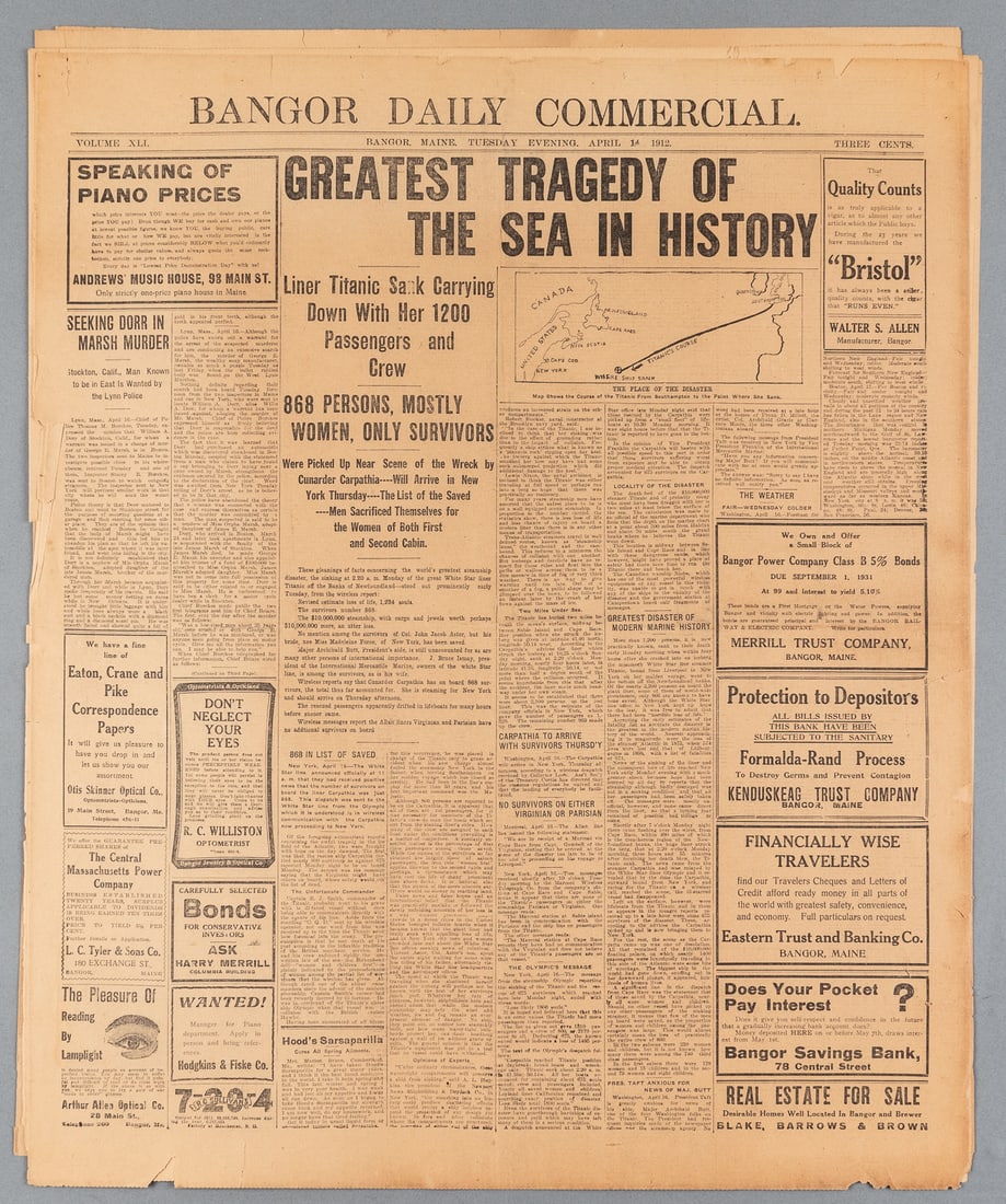 BANGOR DAILY NEWSPAPER SINKING OF THE TITANIC: Issue of Bangor Daily Commercial, a Maine newspaper, with articles pertaining to the sinking of the Titanic, dated the day of the Titanic sinking, April 14th, 1912. Some article headlines read 'Greate