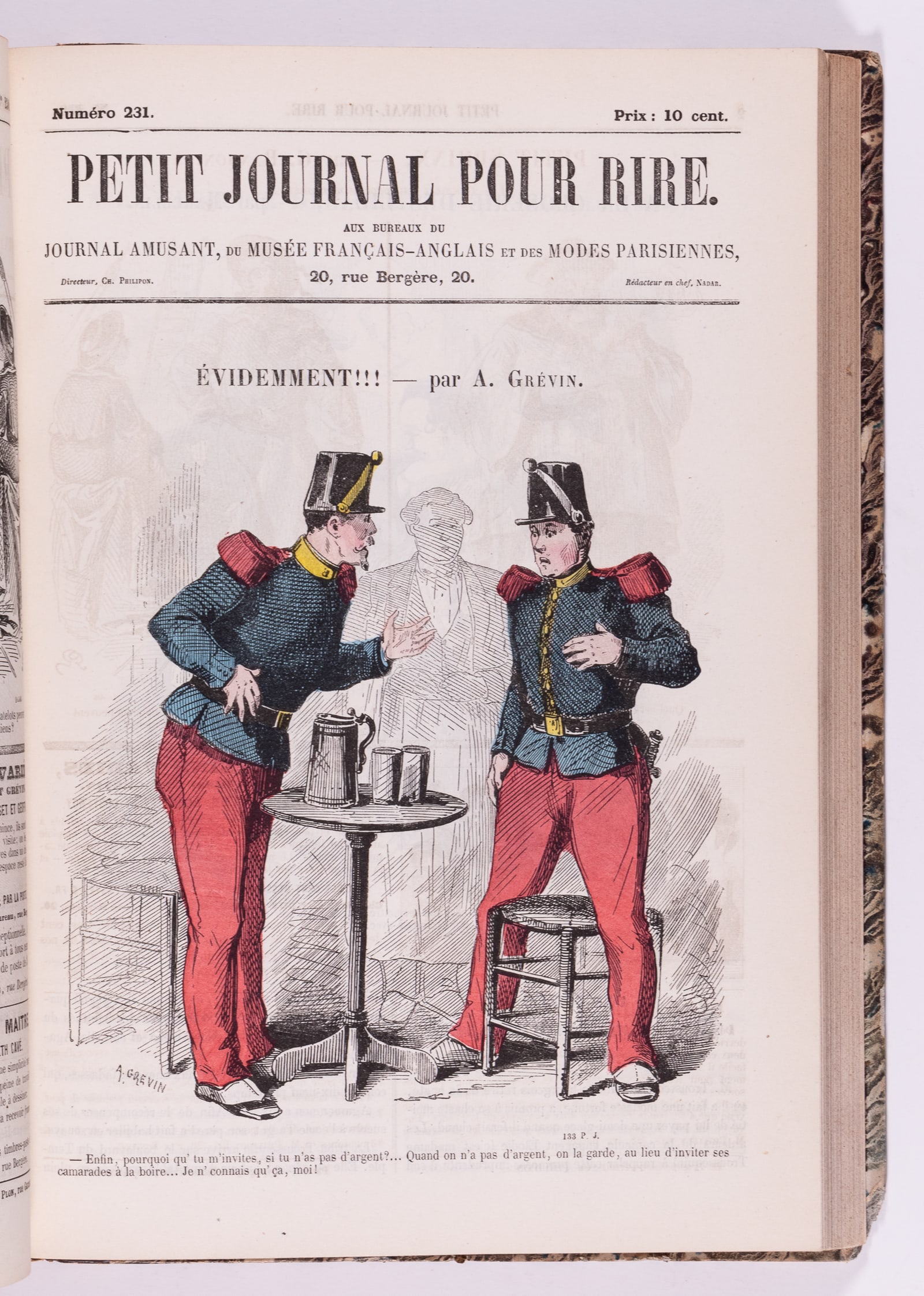 4 BOUND VOLUMES 'LE PETIT JOURNAL POUR RIRE' [NO. 1-156, 209-260]: Lot of four bound volumes with 207 issues of the French magazine 'Le Petit Journal Pour Rire' [Little Journal for Laughs], volumes bound from No. 1-52, 53-104, 105-156, and 209-260. Created in 1867 by