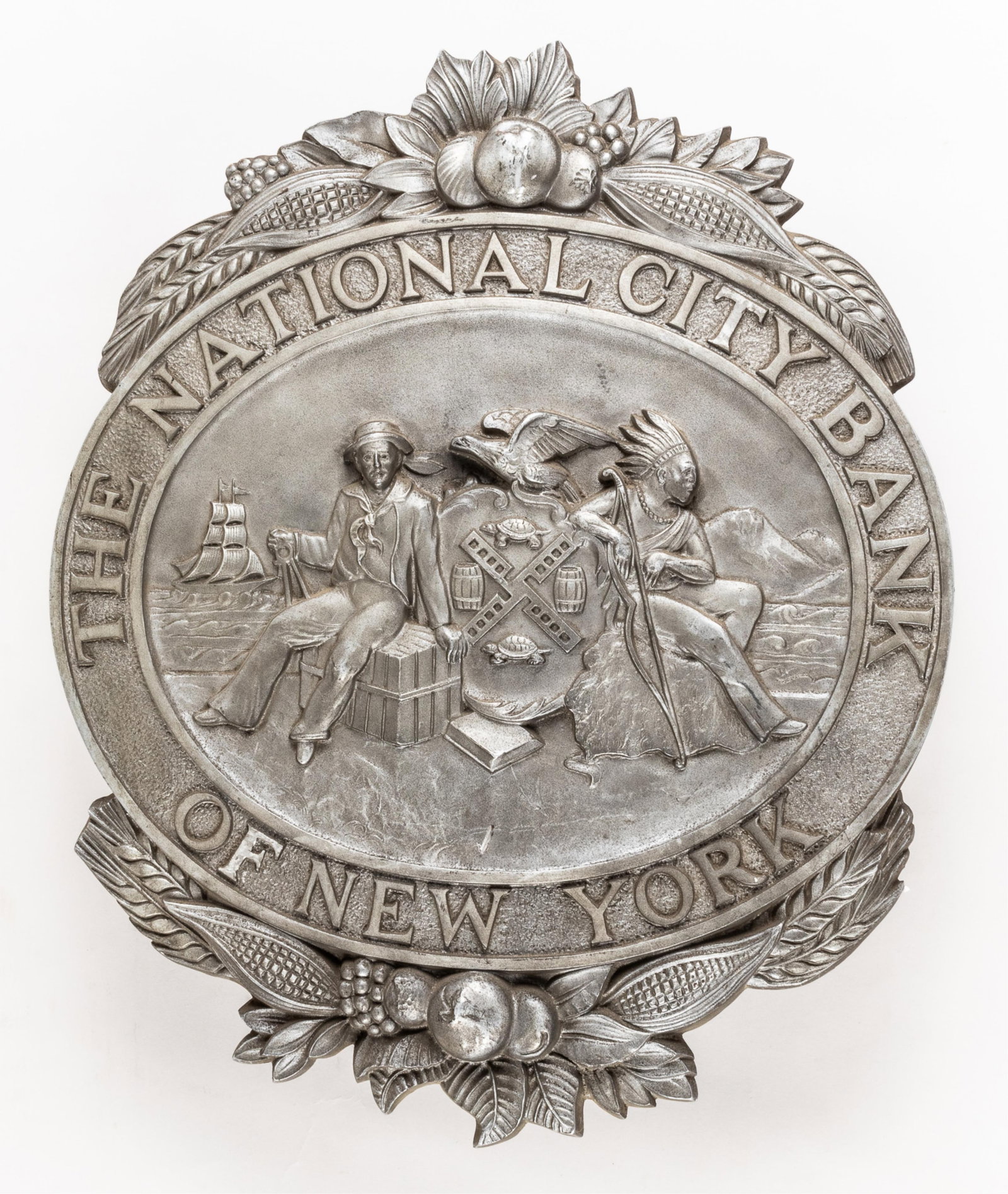 NATIONAL CITY BANK OF NEW YORK BUILDING SIGN: The National City Bank of New York large building sign. The center of the sign shows the old bank logo and reads 'National City Bank of New York.' The 'National City Bank of New York' is the former na