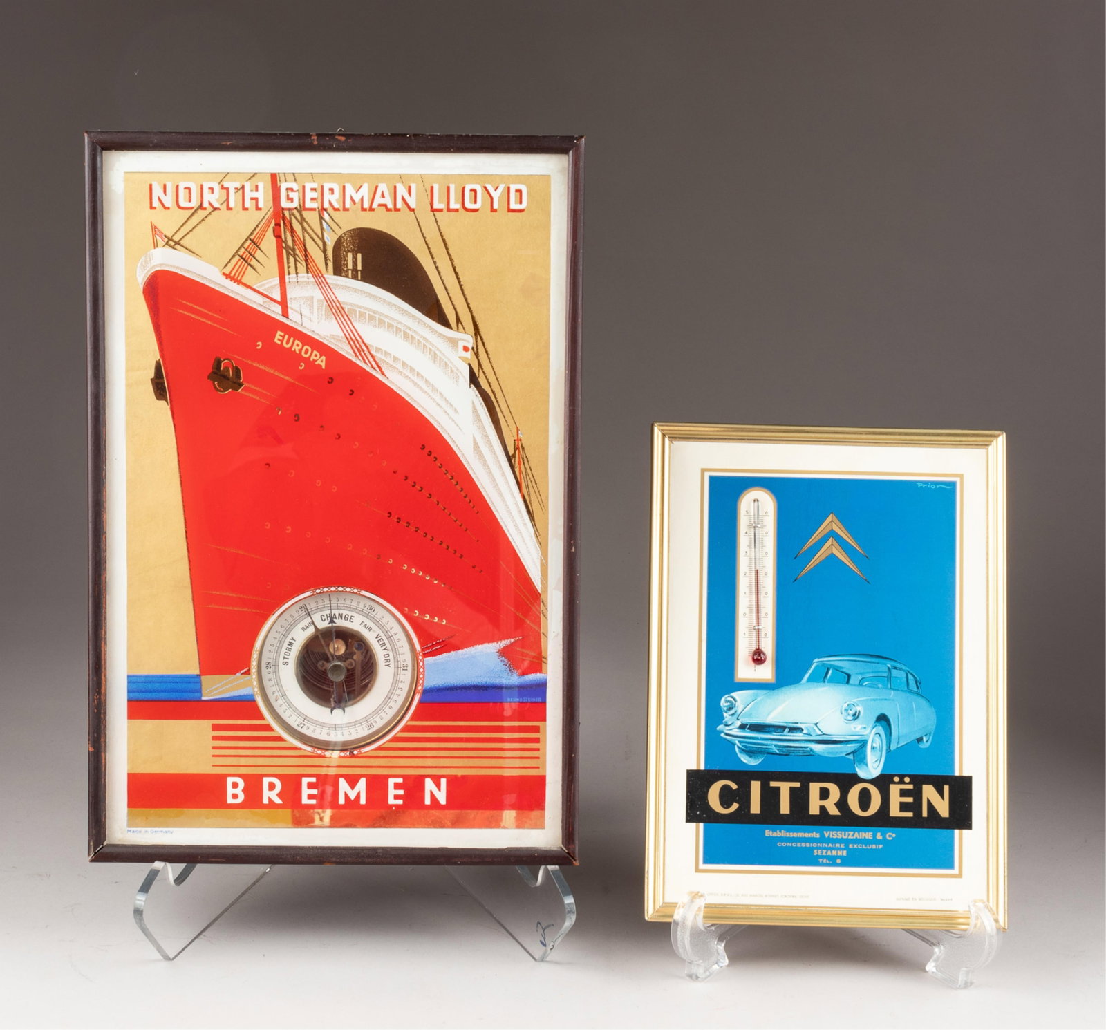VINTAGE BAROMETER AND THERMOMETER ADVERTISEMENTS [BREMEN, CITROEN]: Two vintage wall advertisements, including a North German Lloyd, Bremen, ship barometer advertisement, made after the ship was redesigned as the Europa, 9.25 x 13.75 inches. A Cunard Lines Queen Eliza
