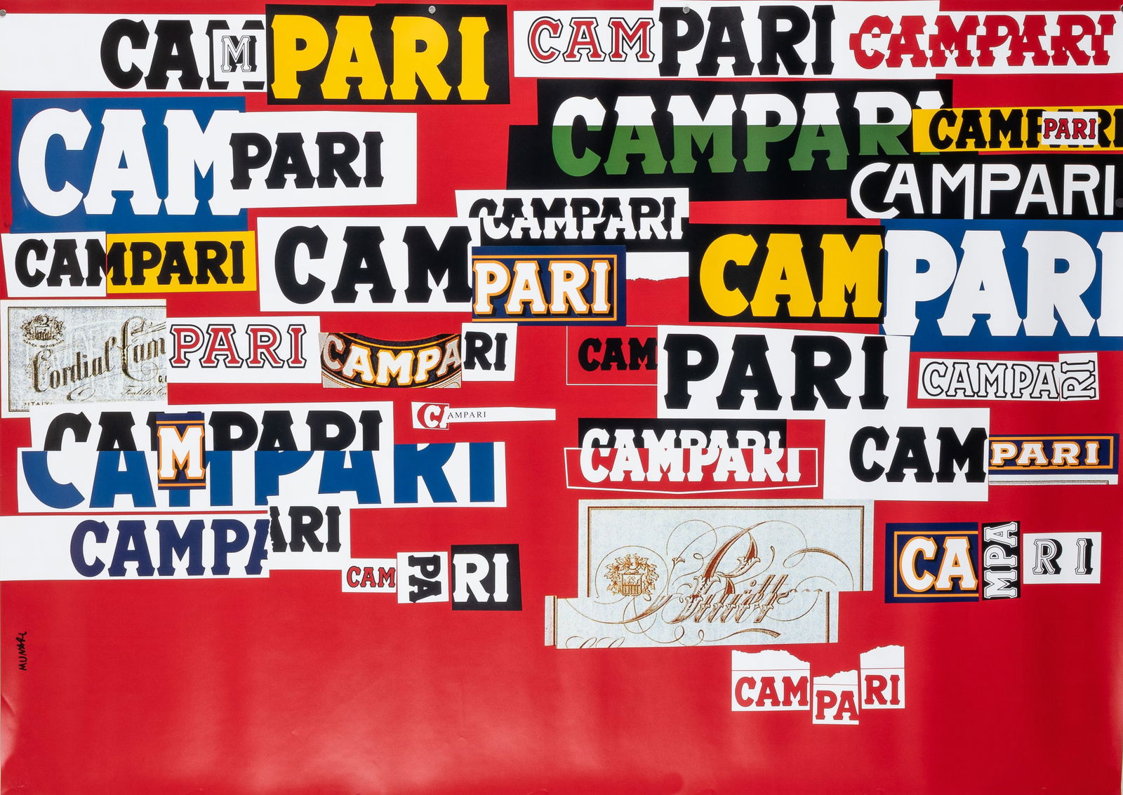 CAMPARI GRAPHIC DESIGN ADVERTISEMENT BRUNO MUNARI: Campari graphic design advertisement poster, artwork by Bruno Munari, 1965. Features the Campari name in various fonts. Reproduced by Toppan Printing Co., Japan, 1994, The 100 Best Posters From Europe