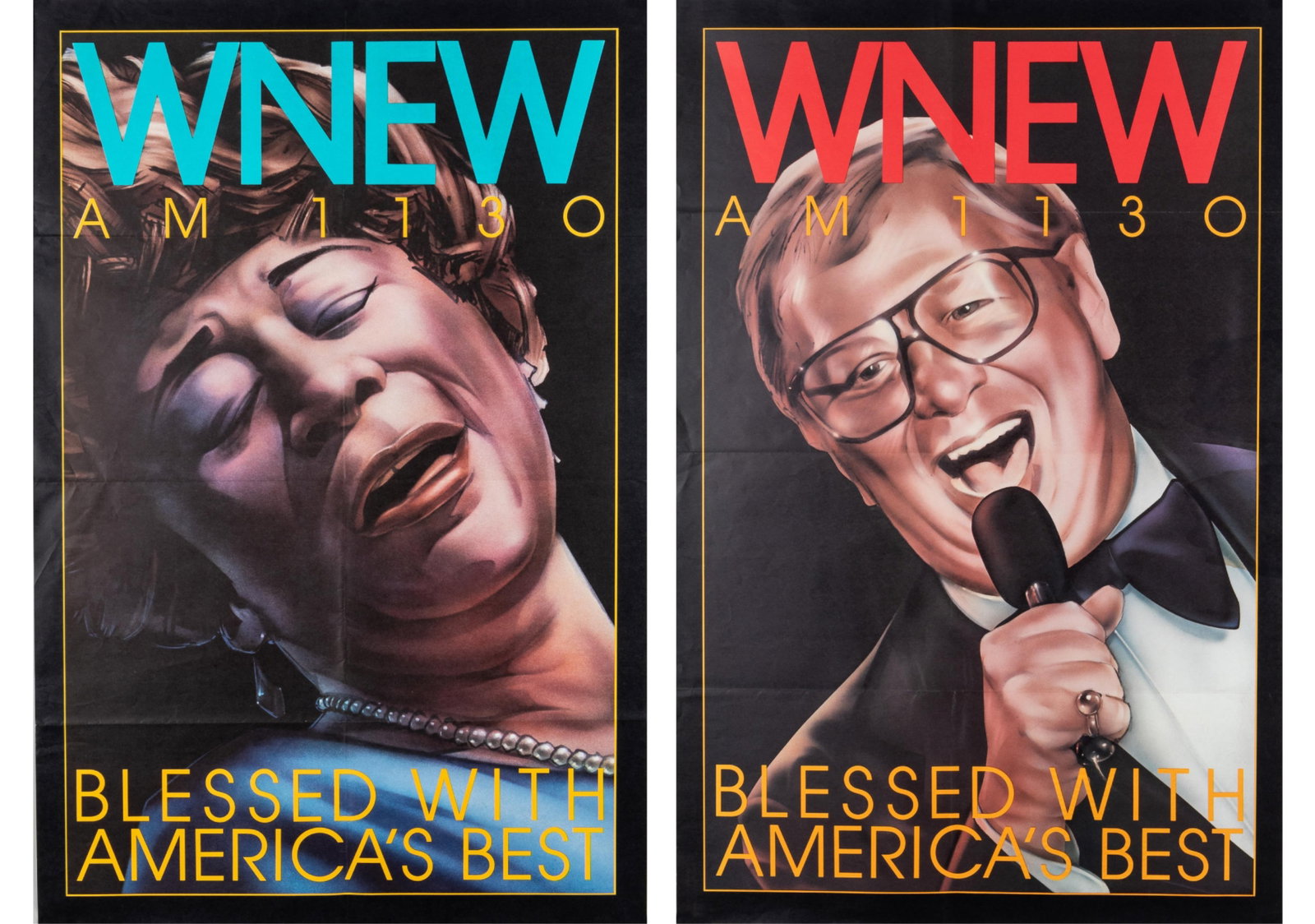2 WNEW AM 1130 ADVERTISEMENT POSTERS [FRANKLIN, TORME]: Two WNEW AM 1130 advertisement posters, each reads 'WNEW AM 1130 Blessed With America's Best,' one poster with an illustration of Aretha Franklin, and one poster with an illustration of Mel Torme. Fol