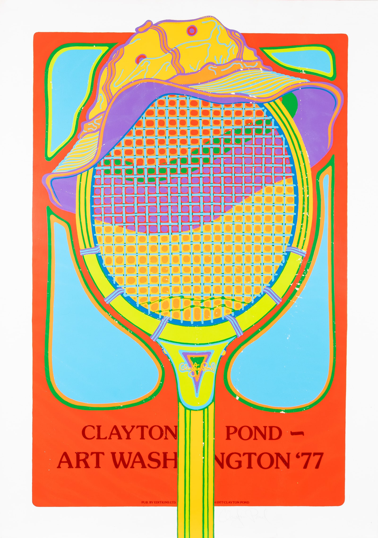 1977 CLAYTON POND SIGNED POSTER: 'Clayton Pond- Art Washington '77' artwork by Clayton Pond (1941), copyright Clayton Pond 1977. Signed in pencil at the bottom. 28.25 x 40.25 inches, with some chipping to the poster.
