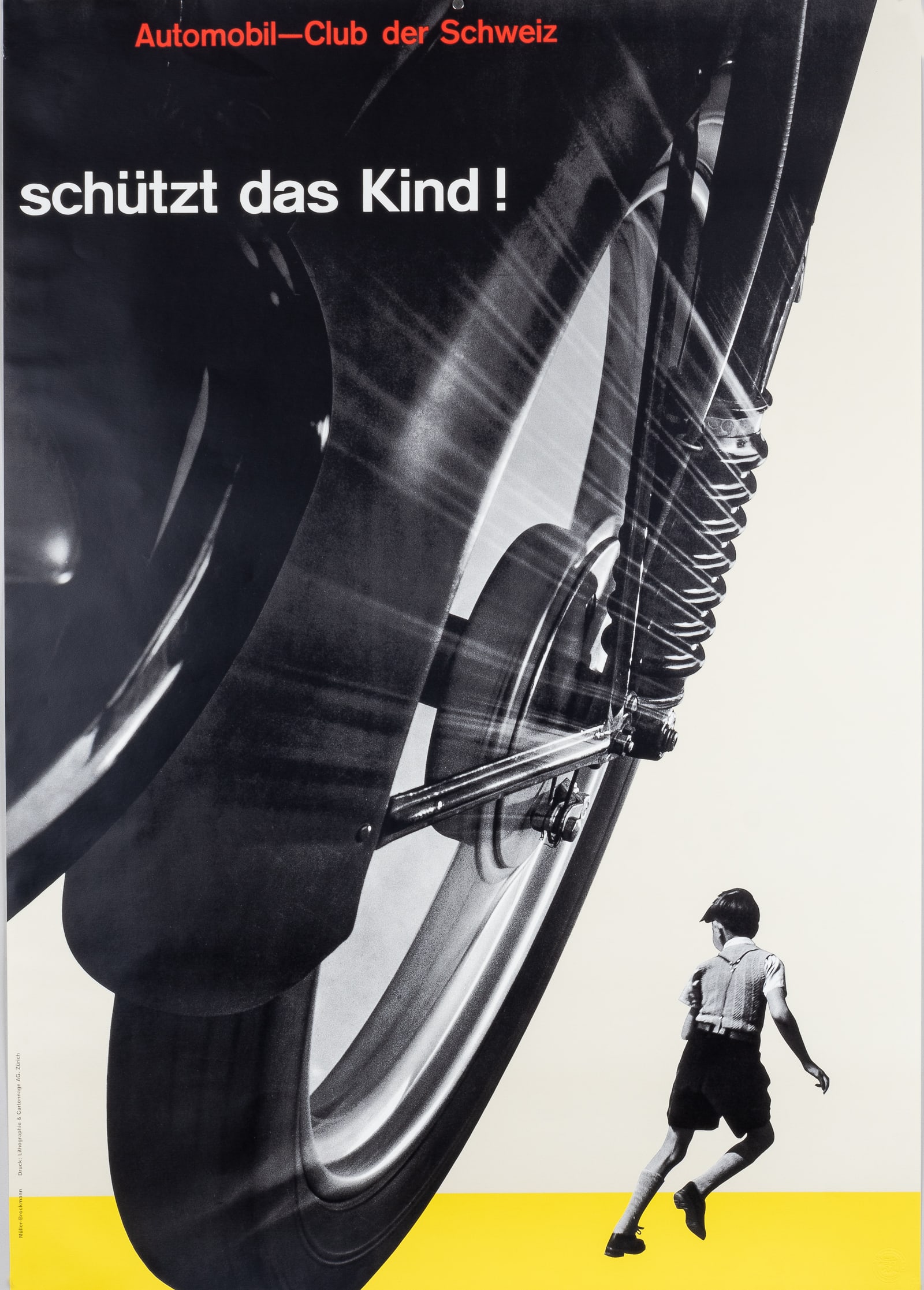 AUTOMOBIL-CLUB DER SCHWEIZ JOSEF MULLER BROCKMANN: 'Automobil- Club der Schweiz schutzt das Kind' artwork by Josef Muller-Brockmann, 1953. Toppan Printing Co., Japan, 1994, The 100 Best Posters From Europe and the United States 1945-1990. Approx. 40.5