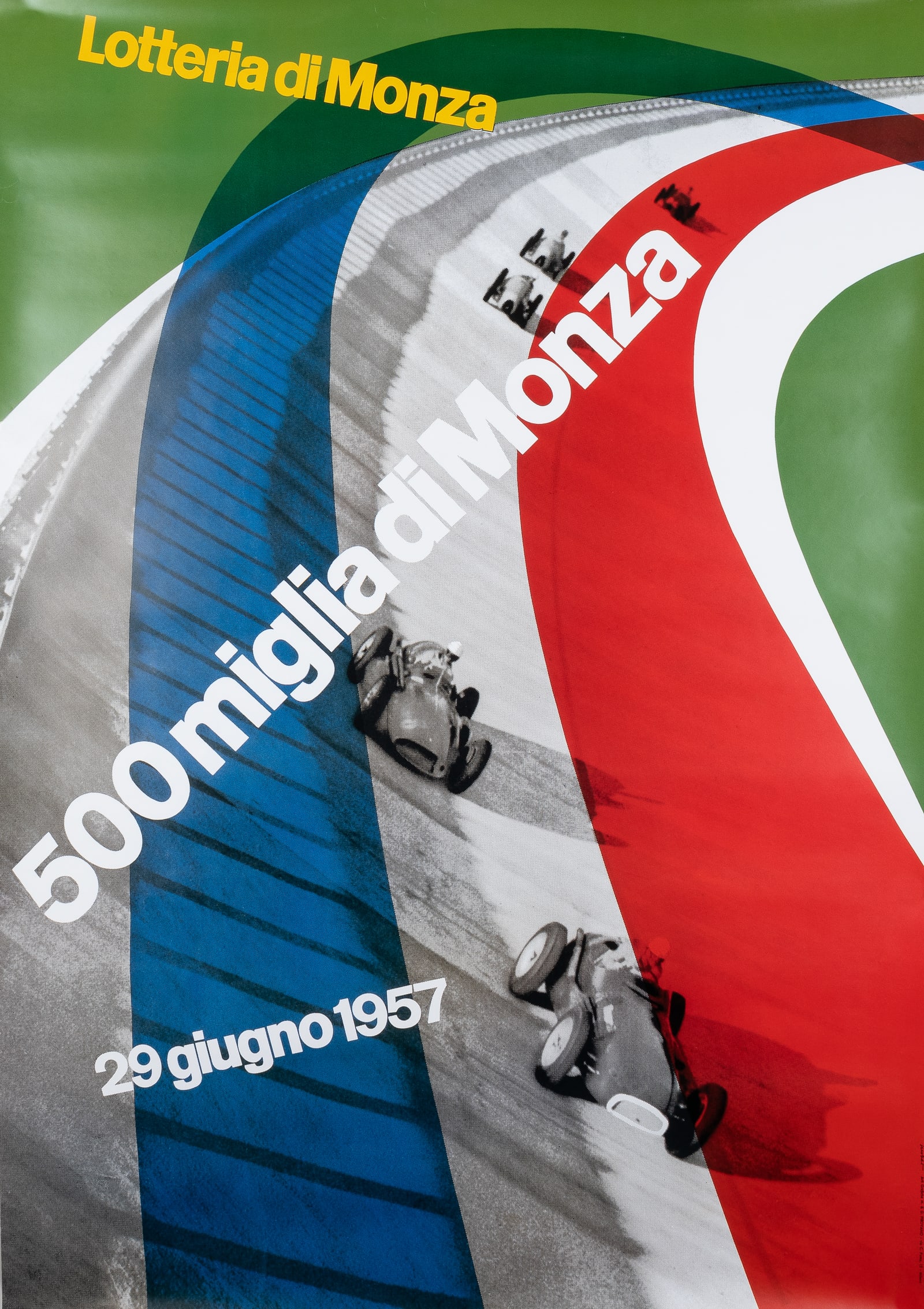500 MILES OF MONZA 1957 RACE POSTER: '500 Migilia di Monza' 1957 Italian race poster, artwork by Max Huber (1919-1992). Toppan Printing Co., Japan, 1994, The 100 Best Posters From Europe and the United States 1945-1990. 40.5 x 57 inches.