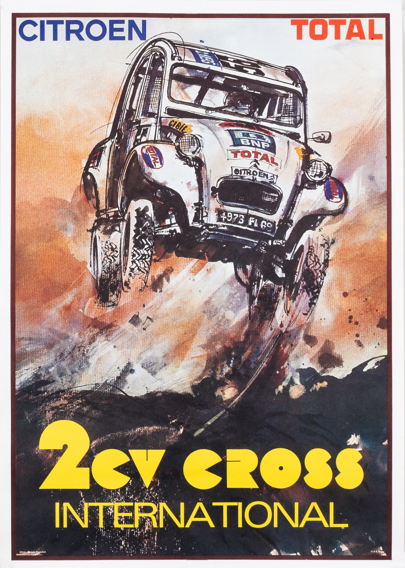 CITROEN TOTAL 2CV CROSS INTERNATIONAL: Citroen Total 2CV Cross International race poster, artwork by Georges Popovitch, ca. 1985, 14 x 20 inches.