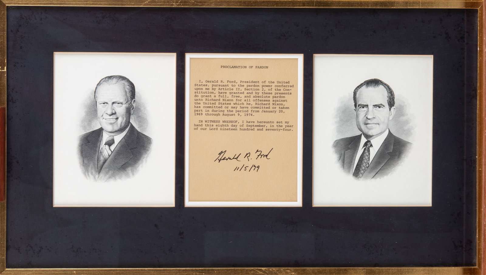 GERALD R. FORD SIGNED COMMEMORATIVE NIXON PARDON: Gerald R. Ford (1913-2006) 38th President of the United States, known for being the first Vice President to serve under the 25th Amendment, and for pardoning Richard Nixon after impeachment. Signed co