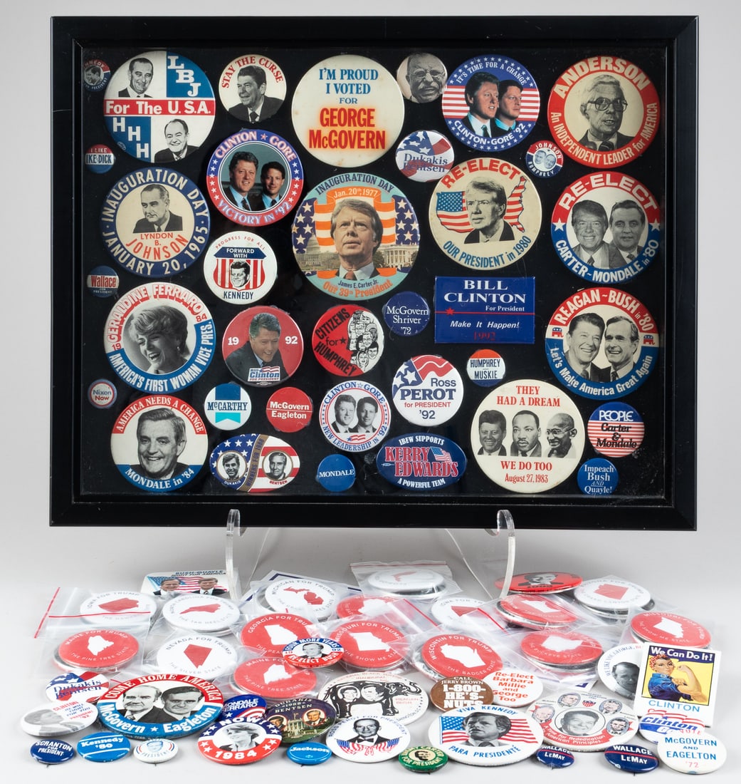90 VINTAGE AND MODERN POLITICAL BUTTONS [TRUMP, REAGAN, KENNEDY]: Ninety vintage and modern political campaign buttons, including Kennedy, Reagan, Donald Trump campaign buttons for states from his 2016 campaign, George W. Bush, Carter and Mondale, and many more. 36