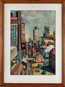 H. GREISSLE CITYSCAPE ROOFTOPS WATERCOLOR PAINTING