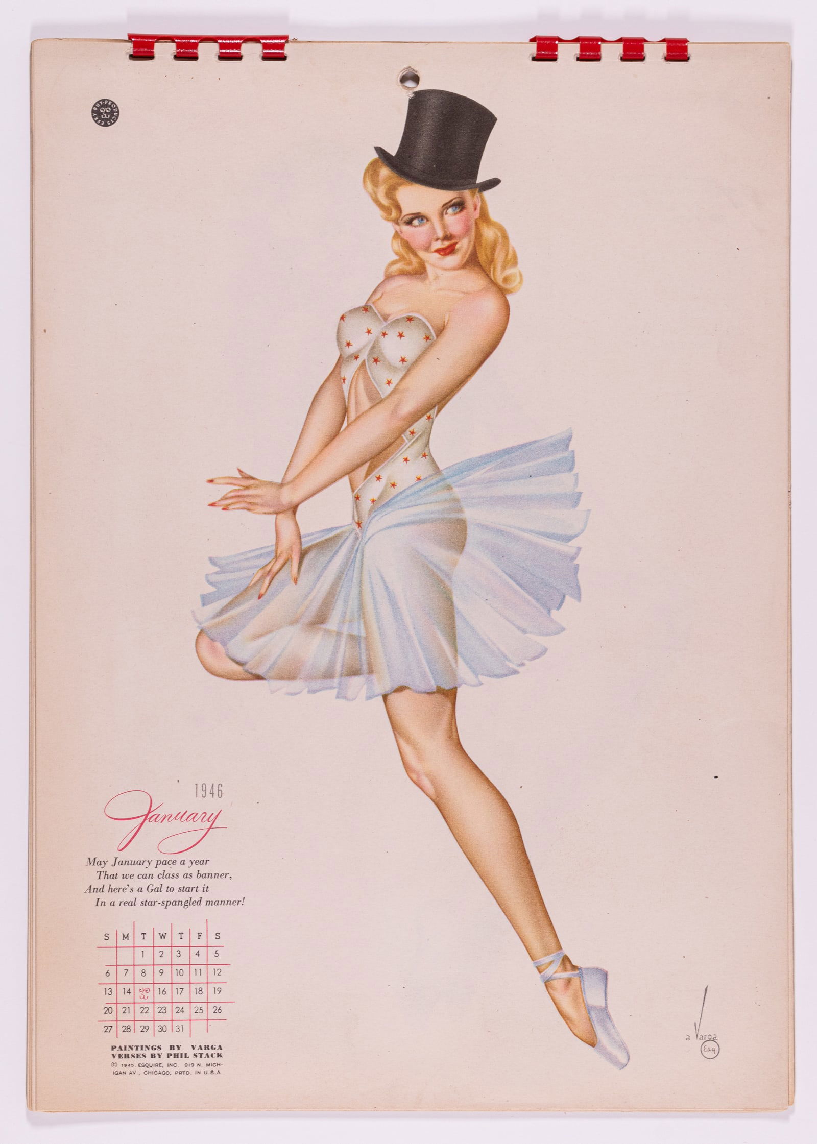 1946 ALBERTO VARGAS ESQUIRE PINUP CALENDAR COMPLETE: Original 1946 pinup calendar with paintings by Alberto Vargas (1896-1982), published by Esquire, Chicago. All 12 months are present, spiral bound, and in nice condition. 8.5 x 12 inches.