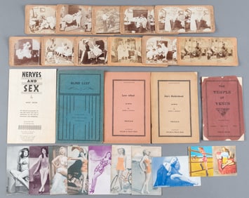 FIVE ADULT EROTICA BOOKS, STEREO CARDS & PINUP POSTCARDS