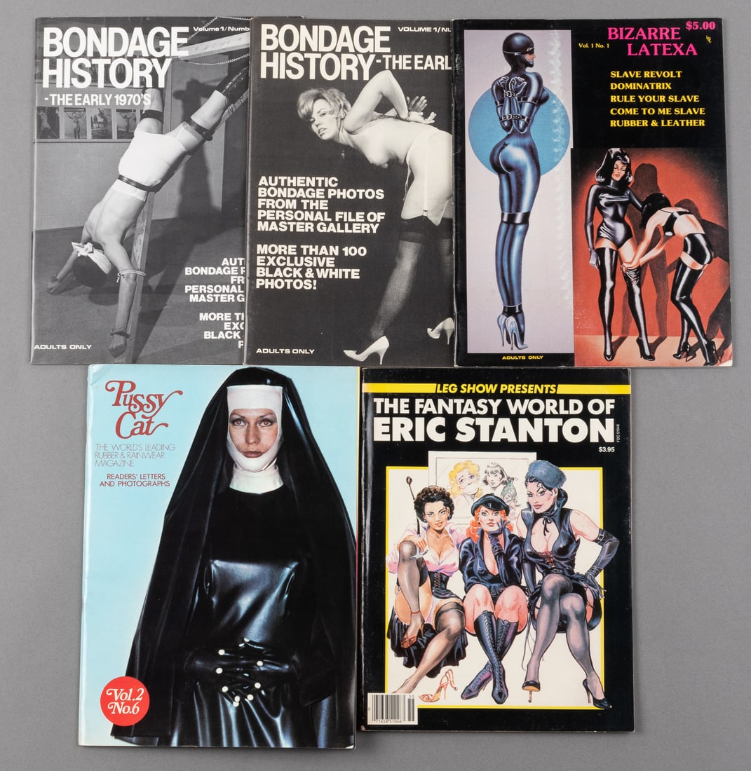 5 VINTAGE ADULT X-RATED FETISH BONDAGE MAGAZINES: Lot of five vintage fetish and bondage magazines ca. 1970-1980, including The Fantasy World Of Eric Stanton, Bizarre Latexa Vol. 1 No. 1, Two Bondage History Vol. 1 No. 1 & No. 2, and Pussy Cat Vol. 2