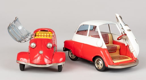 2 1950S BANDAI FRICTION TIN-TYPE CARS [MESSERSCHMIT, ISETTA]
