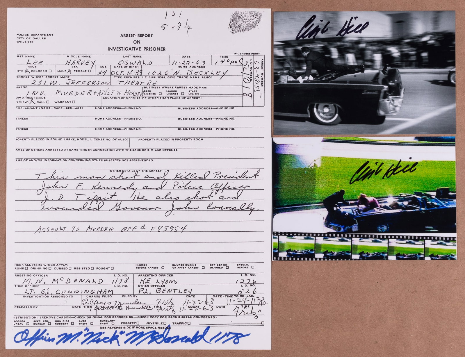 JFK ASSASSINATION 3 SIGNED PHOTOS [CLINT HILL, NICK MCDONALD]: Three signed photos from members important to the assassination of JFK, including Clint Hill (b. 1932) Former U.S. Secret Service agent who served under five United States presidents, best known for h