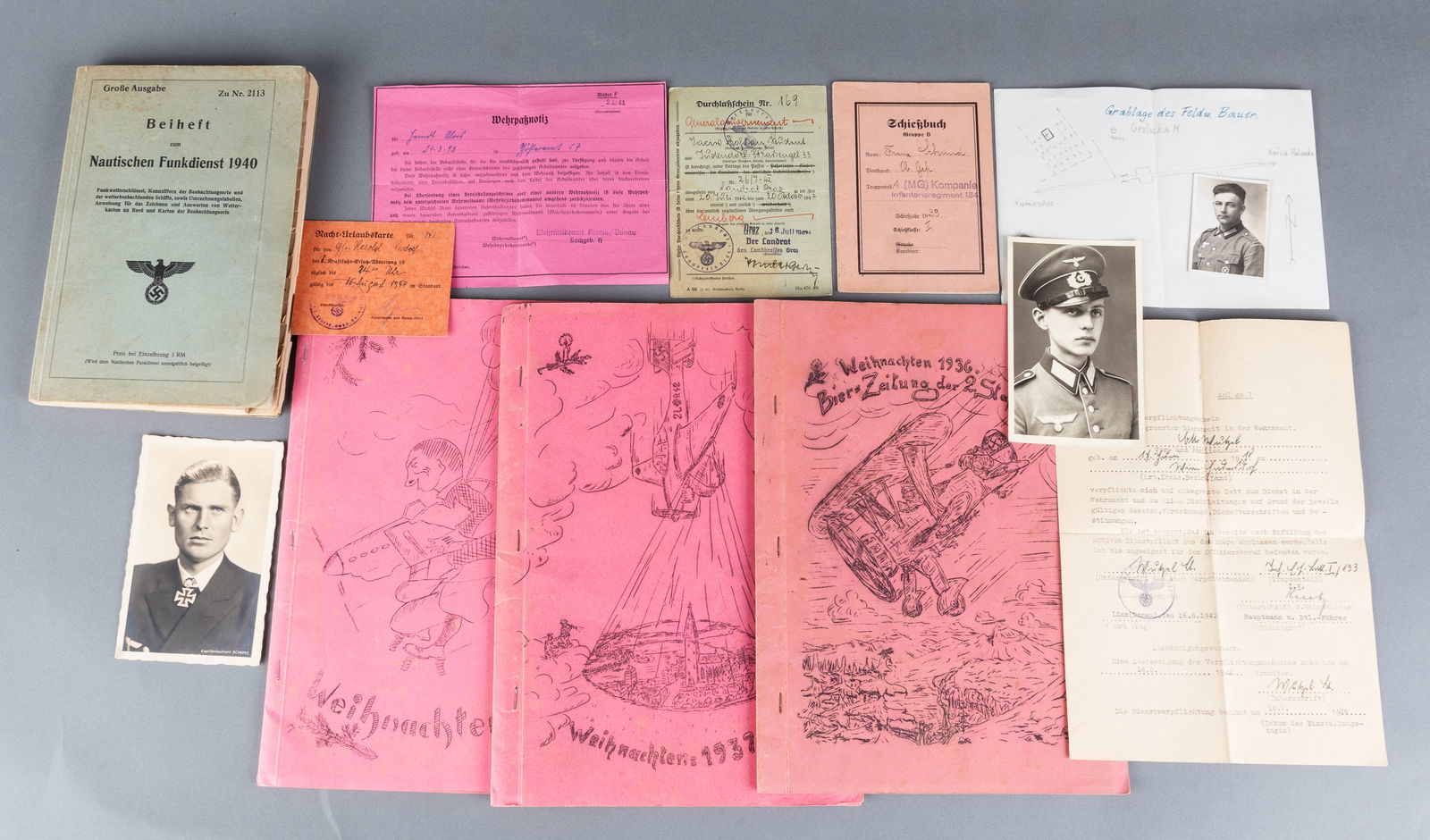 WWII WEHRMACHT DOCUMENT GROUPING: WWII Wehrmacht document grouping, with a postcard of Joachim Schepke, a Wehrmacht unlimited service enlistment form, a Wehrpass notice, a shooting book for an infantryman in the 4 (MG) Kompanie Infant