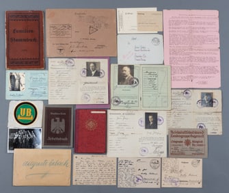 WWII GERMAN IDS DOCUMENTS AND POSTCARDS [40+ PIECES]