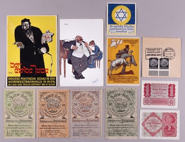 11 WWII GERMAN XENOPHOBIC NOTGELDS AND POSTCARDS
