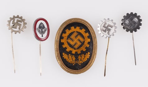 5 WWII GERMAN DAF AND RAD CAP BADGES AND STICK PINS